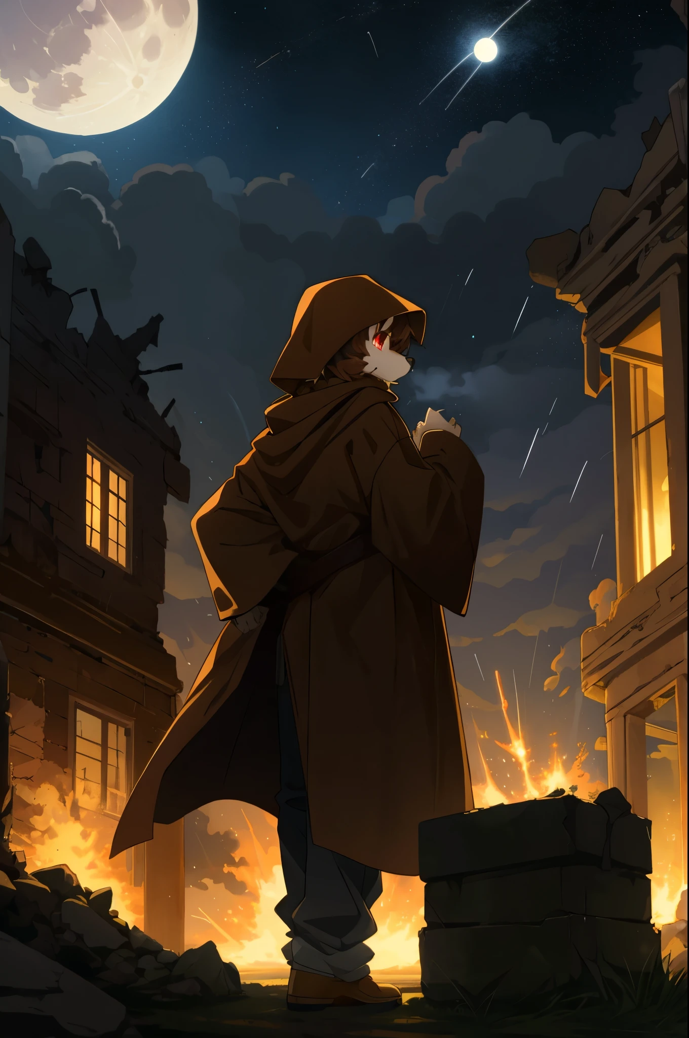 masterpiece, best quality, 4K,Ultra-delicate, Shota the fox, solo, Skin fur, Golden fur, Golden yellow face fur, Red eyes, Brown elements on fur, Brown coat brown hood up, Beautiful lights and shadows, Ambient light, Ultra-fine fur, natural lighting, Fluffy tail, Dilapidated building, Plant elements in ruins, Night, starry sky, Shiny hair(moon full, meteors)Star cloud, Warm light source, Rained, wet clothes(overcast sky, Standing downpour)Extra-long sleeves, Purple and orange, Complicated details, Volumetric lighting, Dynamic configuration, luminous lighting, Atmospheric lighting, dream magical, magic, Glowing light,
