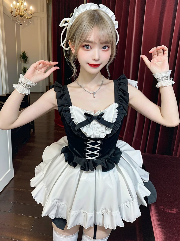 (8K, Photorealistic, Raw photo, of the highest quality: 1.3), (1girl in), Super beautiful, (Realistic face), (boyish, Silver Color Berry Shorthair), Beautiful , Glare that captivates the viewer, Beautiful expression, Beautiful breasts, (Realistic skin), Be...Super high quality, super high definition, super detailed, masterpiece, 20years old, female, cute, perfect face, beautiful, gothic ta clothes, gothic loliashion, frilly skirt, headdress, necklace, bracelet, knee-high socks, boots, double eyelids, tear bags, Detailed down to the fingers, photo-like description, indoors, dim indoor lighting, blonde hair, pony tail, standing, whole body, composition that shows the whole body, smiling,Optimal ratio of 4 fingers and 1 thumb