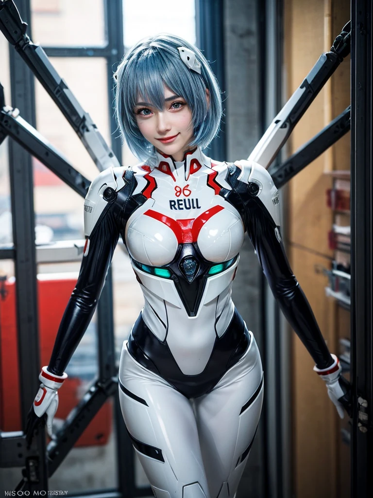 Masterpiece, highest quality, 8K, detailed skin texture, fine cloth texture, beautiful detailed face, intricate details, super detailed, portrait of Rei Ayanami, blue hair, red eyes, looking far away, no background, Evangelion Wearing a plug suit when riding, plug suit, whole body visible, standing, arms crossed, 15 years old, beautiful, cute, great style, smiling,composition that shows the whole body,