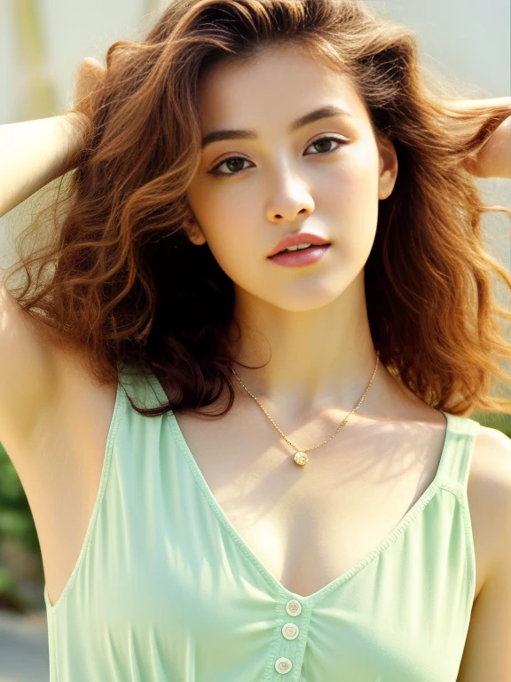 Fashion model 21 years old [[[a closeup]], [[[tiny chest]]], [[[sensual ]], [Shoulder]], perfect  eyes, perfect irises, Perfect lips, perfect teeth, flawless skin, Soft front light, Glow, nfsw, (soft colours:1.2)、a necklace、Curly hair、highlights hair、half-opened transparent overall coats , no bra, , full waist up pose , upper knees pose 