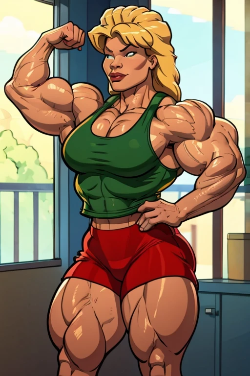 luanne Platter as a muscle girl wearing a green tank top and red shorts doing a most muscular pose