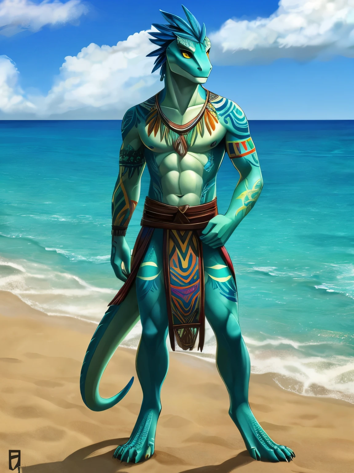 male, lizard, slender body, sea green and blue scales, colorful tattoos, blue feather hair, beach, beautiful reptilian yellow eyes, digitigrade feet, polynesian dress