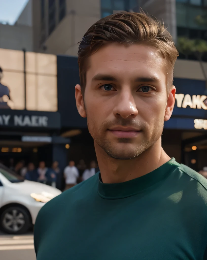 realistic, masterpiece, ((torso up picture of handsome 35 year old desirable caucasian man with distinguished features standing outside Yankee Stadium)), ((blue shirt, light brown medium length hair, cropped sides, no facial hair, clean shaved face, intriguing green eyes)), athletic build, tall height, seductive smile with a gentle expression, detailed depiction of facial features, perfectly symmetrical face, crisp details, bright outdoor lighting masterfully accentuates his excellent features