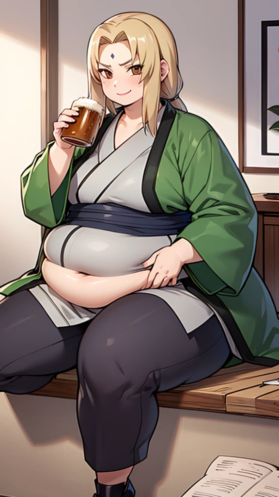 (masterpiece, best quality:1.2), solo, 1girl, tsunadedef, forehead mark, smile, looking at viewer, hand on hip, japanese clothes, green haori, grey kimono, sash, pants chubby girl, chubby big Belly, fat, fat rolls, konoha, hokage's room, sitting, drinking beer, belly's out, sexy, teasing with her belly