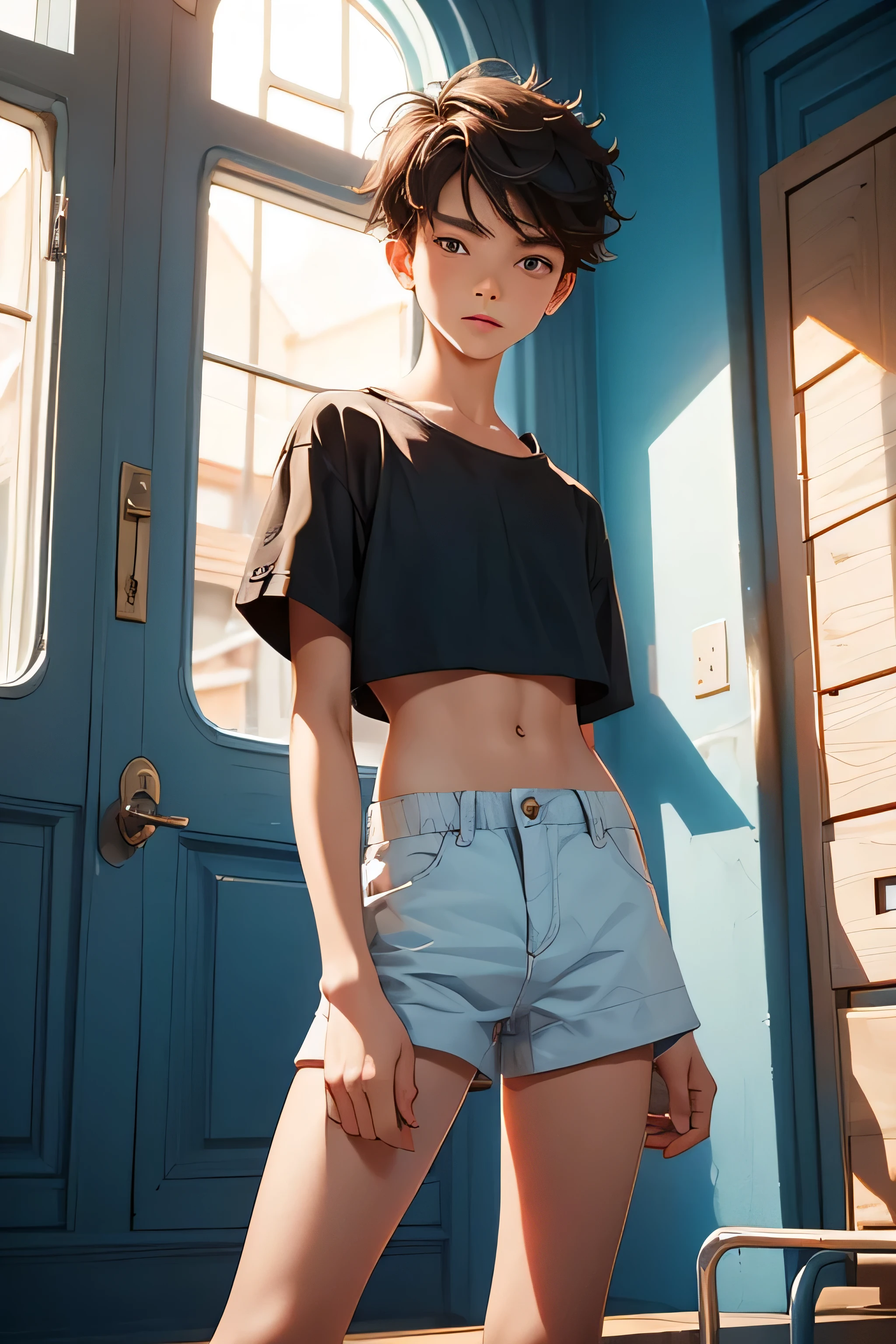 Teen boy-model ************, boy wears a crop shirt and too very short mini shorts, beautiful long legs, hot summer, highest quality,