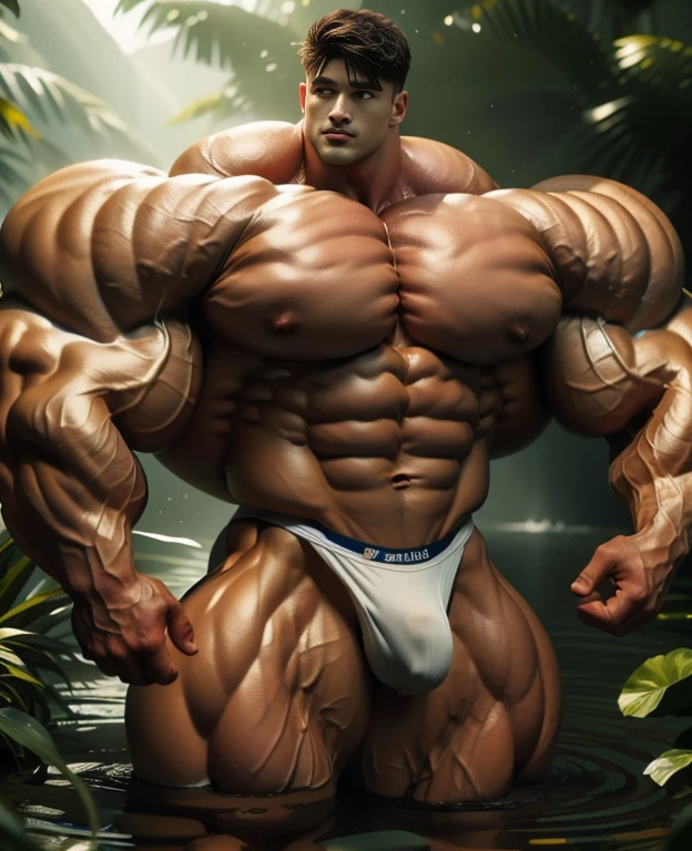 (best quality:1.5, hyperrealistic:1.5, photorealistic:1.5, madly detailed CG unity 8k wallpaper:1.5, masterpiece:1.3, enthusiastically detailed photo:1.2), (hyper-realistic lifelike texture:1.4), highly detailed, ((masterpiece, best quality)), 1 korean, handsome, giant, buzz haircut, model shoot style, looking at camera, standing up, cool ambiance, outdoor, large dry meadows, strong body, bulk, naked, wear prominent bulge underwear, bulge, big, brutalmass, giant, muscular body, bulk, massive body, large meaty body size, brown skin, huge arms, ballooning meaty chests. Realistic, intricate detail