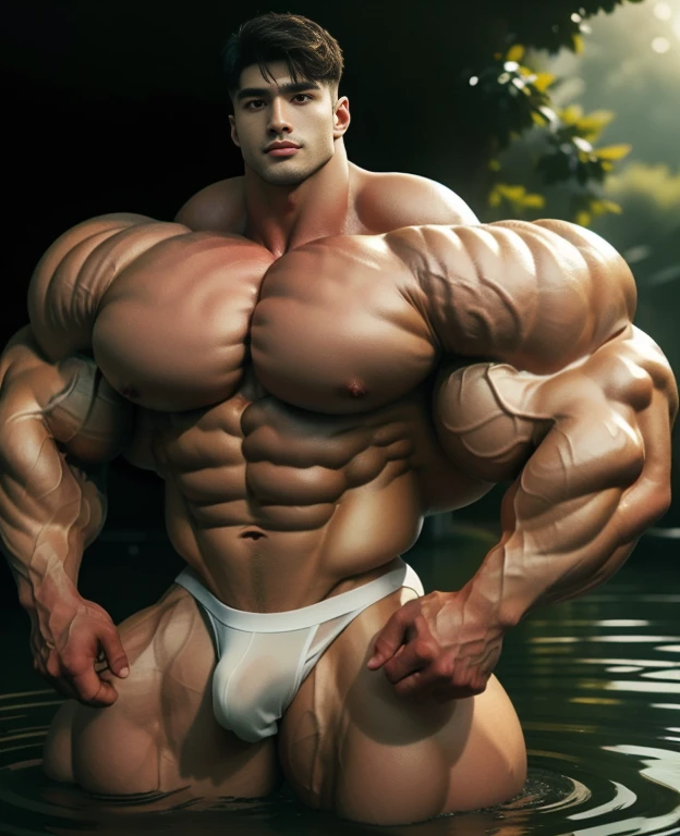 (best quality:1.5, hyperrealistic:1.5, photorealistic:1.5, madly detailed CG unity 8k wallpaper:1.5, masterpiece:1.3, enthusiastically detailed photo:1.2), (hyper-realistic lifelike texture:1.4), highly detailed, ((masterpiece, best quality)), 1 korean, handsome, giant, buzz haircut, model shoot style, looking at camera, standing up, cool ambiance, outdoor, large dry meadows, strong body, bulk, naked, wear prominent bulge underwear, bulge, big, brutalmass, giant, muscular body, bulk, massive body, large meaty body size, brown skin, huge arms, ballooning meaty chests. Realistic, intricate detail