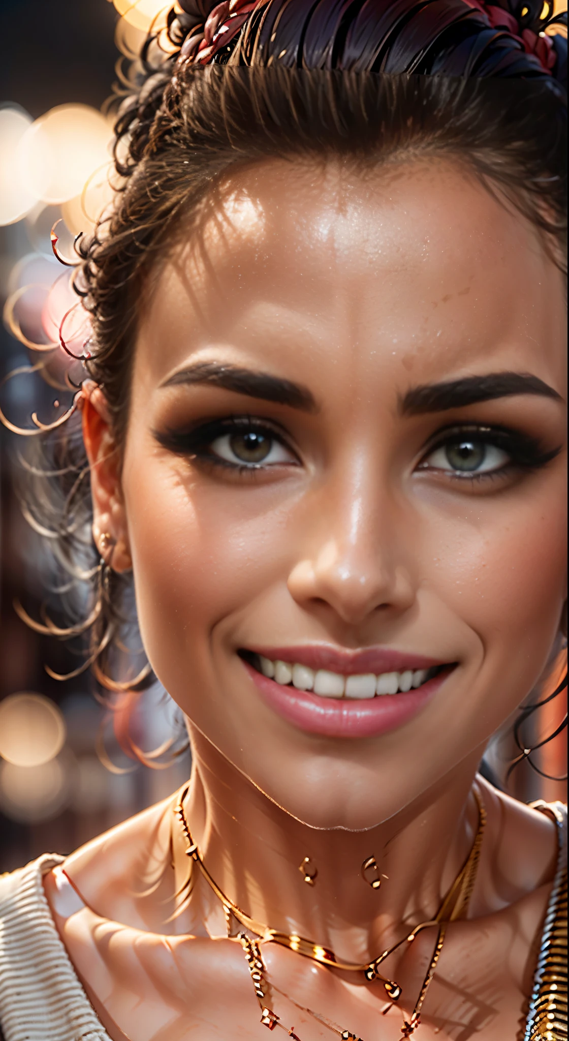 extreme close up of face, piercing eyes, (lips apart:1.4), (2 front teeth showing:1.2) looks straight, 22-year-old pretty happy mixed race woman, smirk, raised left eye brow, short hair from the salon, dressed in an off-the-shoulder sweater, necklace, close-up portrait, in a street café in 2015, daylight, [(Selena Gomez:0.5)|( Kristen Bell:1.0)]