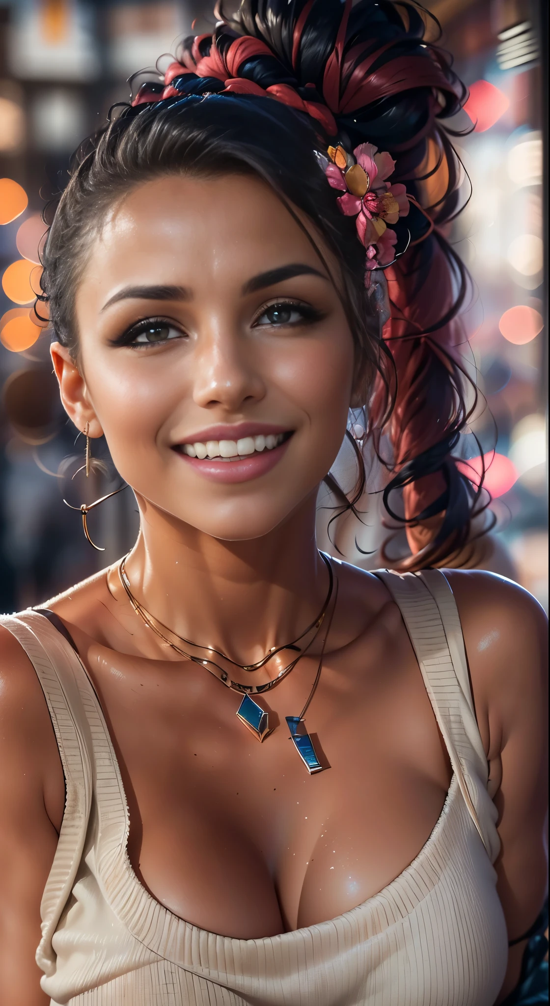 extreme close up of face, piercing eyes, (lips apart:1.4), (2 front teeth showing:1.2) looks straight, 22-year-old pretty happy mixed race woman, smirk, raised left eye brow, short hair from the salon, dressed in an off-the-shoulder sweater, necklace, close-up portrait, in a street café in 2015, daylight, [(Selena Gomez:0.5)|( Kristen Bell:1.0)]