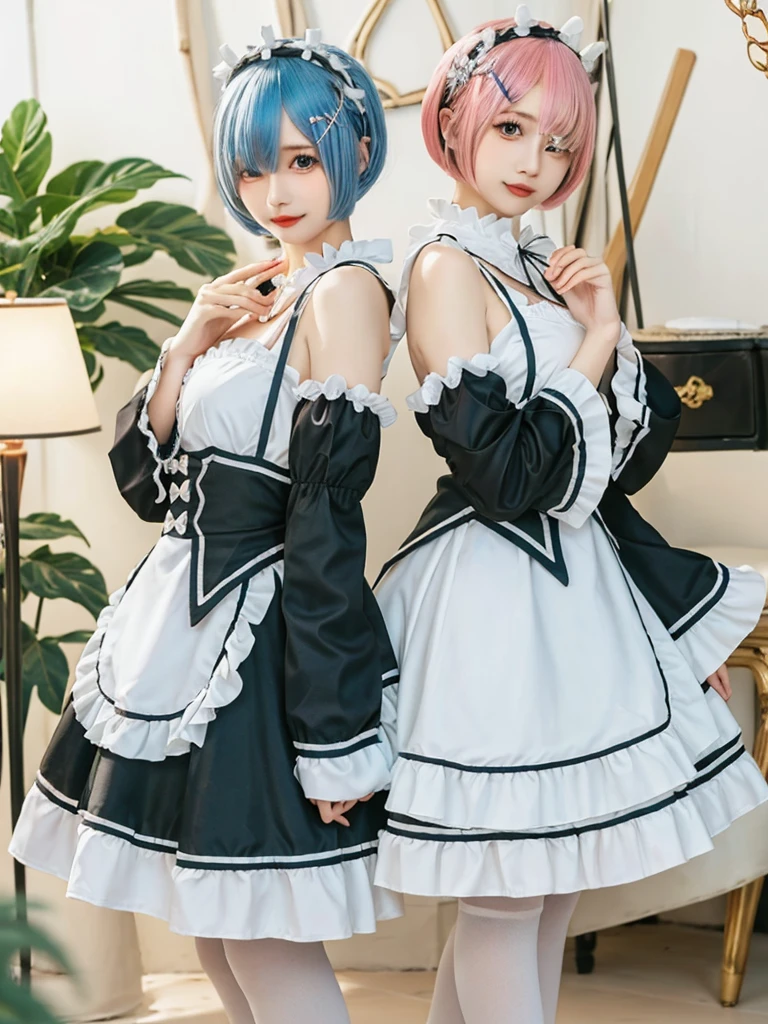 (8K, Photorealistic, Raw photo, of the highest quality: 1.3), (1girl in), Super beautiful, (Realistic face), (boyish, light blue Color Berry Shorthair),(8K, Photorealistic, Raw photo, of the highest quality: 1.3), (1girl in), Super beautiful, (Realistic face), (boyish, pink Color Berry Shorthair), Beautiful , Glare that captivates the viewer, Beautiful expression, Beautiful breasts, (Realistic skin), Be...Create a detailed and colorful image of Ram and Rem from Re:Zero, standing back-to-back in their maid outfits, with a magical fantasy background、14years old, two girls,cute, perfect face, beautiful, nice body, gothic lolita clothes, gothic lolita fashion, frilly skirt, headdress, necklace, bracelet, knee-high socks, boots, double eyelids, tear bags, Detailed down to the fingers, photo-like description, indoors, dim indoor lighting, one girl is pink hair and short bob, another girl is light blue hair and short bob,standing, whole body, composition that shows the whole body, smiling,The Both of them are wearing the same type of maid outfit