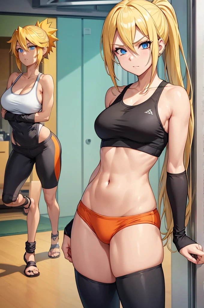 **Prompt:** Character: Naruto Uzumaki, female Naruto Uzumaki, Naruto as a girl, genderswapped Naruto Uzumaki, female version of Naruto Uzumaki, Naruto Uzumaki genderbend, Naruto Uzumaki girl, girl Naruto, Uzumaki Naruto, Uzumaki Naruto female Appearance: beautiful blond hair, flowing blond hair, shiny blond hair, long blond hair, golden blond hair, silky blond hair, detailed blond hair, radiant blond hair, vibrant blond hair Eyes: beautiful detailed eyes, sparkling blue eyes, bright blue eyes, vivid blue eyes, expressive blue eyes, captivating blue eyes, mesmerizing blue eyes, stunning blue eyes, detailed blue eyes, deep blue eyes Figure: great female figure, athletic female figure, toned female figure, strong female figure, fit female figure, graceful female figure, elegant female figure, well-defined female figure, proportionate female figure, sculpted female figure Outfit: - top: form-fitting sports bra, form-fitting tank top, snug sports bra, snug tank top, fitted sports bra, fitted tank top, tight sports bra, tight tank top, close-fitting sports bra, close-fitting tank top, sports bra in Naruto's signature orange, tank top in Naruto's signature orange, orange sports bra, orange tank top, sports bra with Naruto's orange, tank top with Naruto's orange - hoodie: lightweight open-front hoodie, open-front hoodie, breezy open-front hoodie, comfortable open-front hoodie, relaxed open-front hoodie, casual open-front hoodie, easy-to-wear open-front hoodie, Naruto's orange hoodie, signature orange hoodie - bottoms: black leggings, black capris, black leggings with orange accents, black capris with orange accents, flexible black leggings, flexible black capris, black leggings designed for movement, black capris designed for movement, black leggings for flexibility, black capris for flexibility High quality, 8k, perfect image, best image, highly detailed, detailed, beautiful, stunning, lifelike, sharp, ultra-realistic, crisp, immaculate