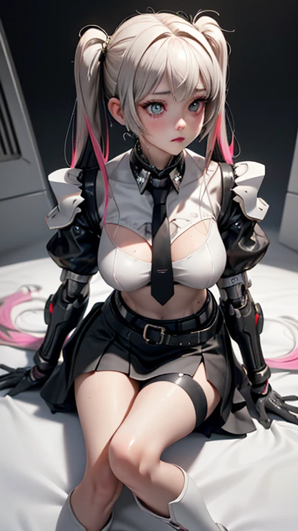 NSFW:1.4、Masterpiece、最high quality、high quality、High definition、High resolution、High detail、Lens flare、Ray Tracing、high qualityのテクスチャー、high qualityの影、Beautiful details、Detailed explanation、Detailed texture、Realistic facial expression、Realistic and colorful、Delicate、Cinematic Light、Side light、Sharp Focus、(1 Female:1.3)、(Intricate detailakeup、Pure Eros Face_v1:0.5)、(Details Beautiful delicate face、Detailed beautiful delicate eyes、Perfect Facial Proportions、Detailed skin、Charm、Detailed chest、Large upward-facing breasts)、Underee-through)、Wet、slender、sexy、High Leg、V-Cut、Fancy Twin Tails、Beautiful bangs、(Lift-up mini skirt)、(Mini skirt soaring in the wind)、(high slit)、Knee-high、Cyberpunk Boots、White shirt、tie、Headphones、Cyberpunk Sleeve Removal、Cyberpunk Belt、Cyberpunk City、Full body photography、Low - Angle、Condescending Gaze、Raise your knees、(Take a deep breath、Work on this image step by step)