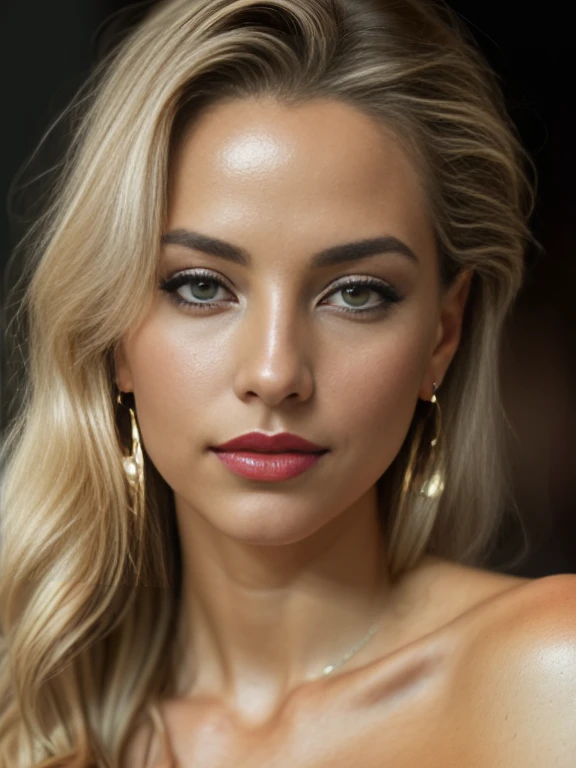 (Helena Lovista) photo of a stunning beautiful sensual ultra hot woman in night club party vip seats, long messy bright blonde hair, brown eyes, (realistic:1.3), modelshoot style, (extremely detailed CG unity 8k wallpaper), photo of the most beautiful artwork in the world, professional majestic oil painting by Ed Blinkey, Atey Ghailan, Studio Ghibli, by Jeremy Mann, Greg Manchess, Antonio Moro, trending on ArtStation, trending on CGSociety, Intricate, High Detail, Sharp focus, dramatic, photorealistic painting art by midjourney and greg rutkowski, (sexy shiny golden off shoulder dress:1.1), (looking at viewer), (detailed pupils:1.3), (modern outfit:1.2), (closeup), red lips, (earrings)