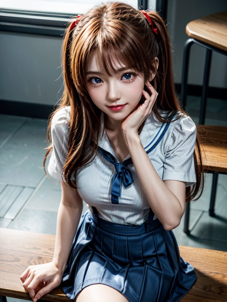 (8k, highest quality, Pieces fly:1.2)、Ultra-high resolution、anime,1 very pretty girl,Asuka Langley,Highly detailed face, Fine grain,blue eyes,,White sailor collar plain short sleeve shirt,Light blue skirt,Light Blue Suspenders,uniform_Red ribbon,Orange Hair,Long Hair、Detailed hand and fingers,put your hands in your hair,Grin、sitting on desk,Shooting from above,classroom