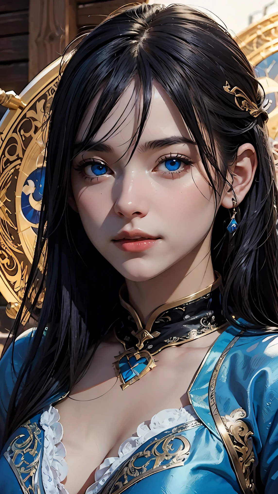 best quality, masterpiece, realistic, 1 woman, a scourge Aasimar in DND setting, 
, (((bard costume(inspired by supergirl:0.6)))) ,  blue eyes, black hair, female focus,