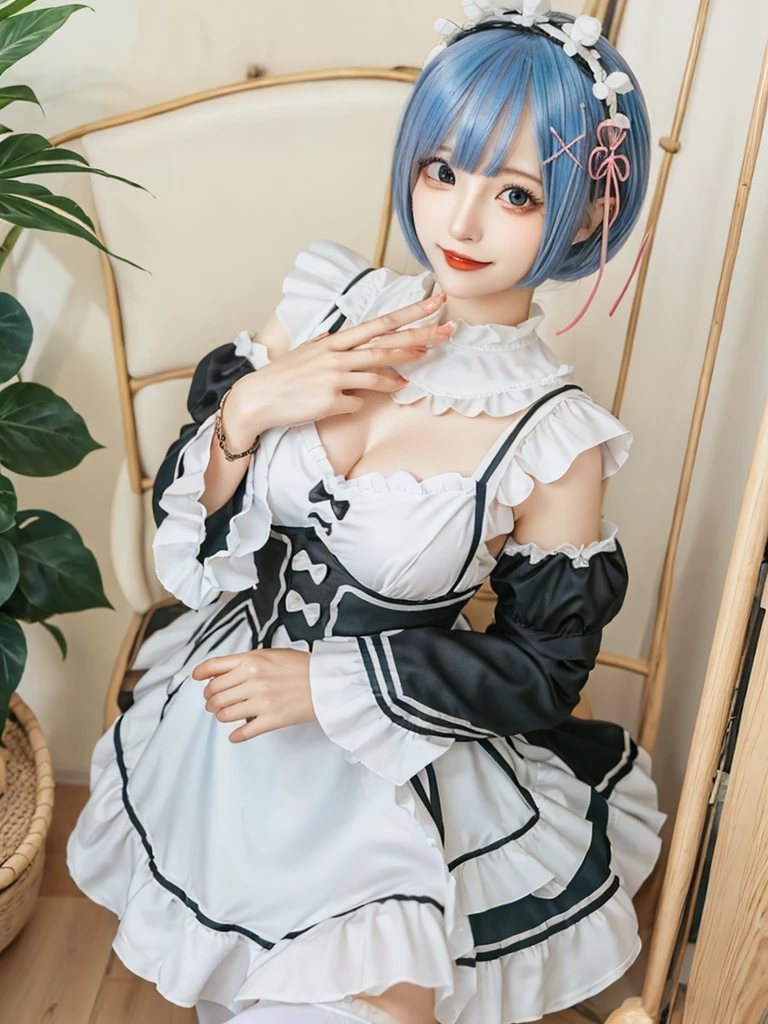 (8K, Photorealistic, Raw photo, of the highest quality: 1.3), (1girl in), Super beautiful, (Realistic face), (boyish, light blue Color Berry Shorthair),(8K, Photorealistic, Raw photo, of the highest quality: 1.3), (1girl in), Super beautiful, (Realistic face), (boyish, pink Color Berry Shorthair), Beautiful , Glare that captivates the viewer, Beautiful expression, Beautiful breasts, (Realistic skin), Be...Create a detailed and colorful image of Ram and Rem from Re:Zero, standing back-to-back in their maid outfits, with a magical fantasy background、14years old, two girls,cute, perfect face, beautiful, nice body, gothic lolita clothes, gothic lolita fashion, frilly skirt, headdress, necklace, bracelet, knee-high socks, boots, double eyelids, tear bags, Detailed down to the fingers, photo-like description, indoors, dim indoor lighting, one girl is pink hair and short bob, another girl is light blue hair and short bob,standing, whole body, composition that shows the whole body, smiling,The Both of them are wearing the same type of maid outfit