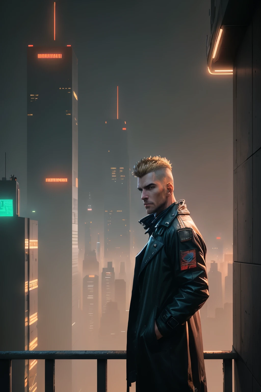 A man, cyberpunk, 45 years old, brown eyes, blonde hair, shaved on the sides, combed back, unshaven, wearing a dark trench coat with the collars turned up. Hands in his pockets, He is on top of a building watching the skyline at night of the cyberpunk city below in the background. He is leaning against the parapet of a building, Background futuristic cyberpunk make it realistic, Blade Runner, A super technological city with tall buildings, Buildings illuminated with colored lights, fundo escuro,8k, ultra hd 