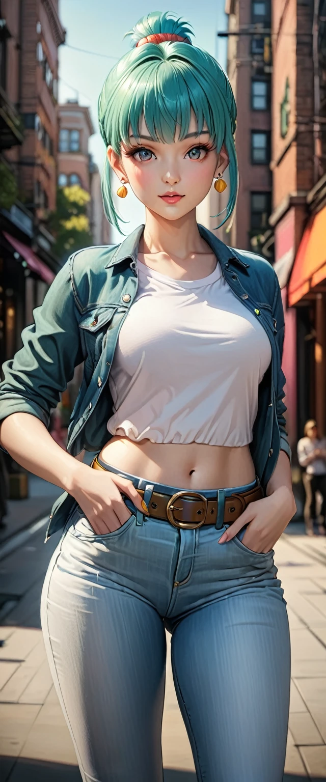 (best quality, masterpiece:1.2), 1girl, beautiful face, beautiful body, Bulma, earrings, denim, belt, vibrant colors, realistic lighting, detailed shading, professional portrait, dynamic pose, urban background
