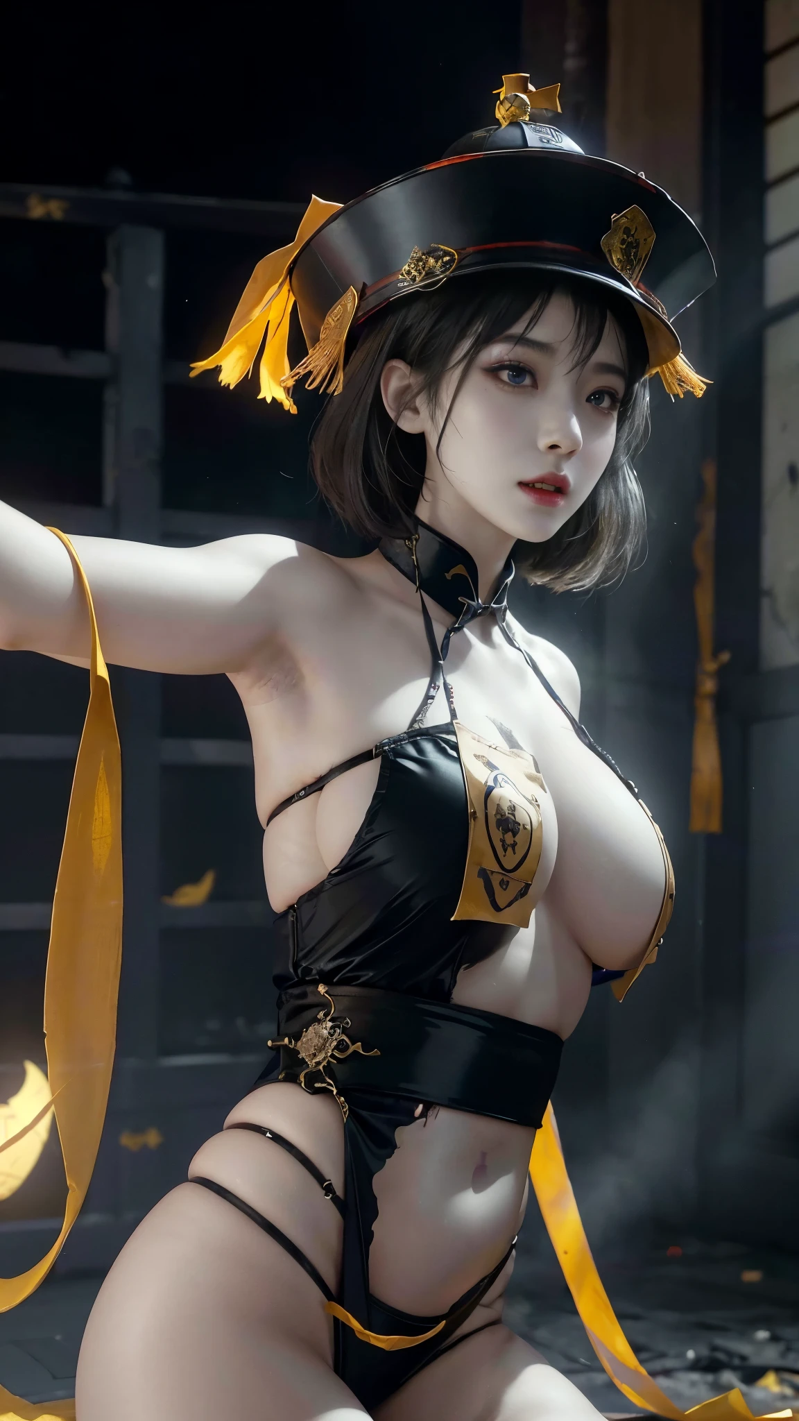 RAW, masterpiece, super fine photo, best quality, super high resolution, realistic, moonlight, night, a beauty, short hair, delicate facial features, perfect face, big breasts, huge breasts, cleavage, yellow rune paper pasted on the face, a lot of Taoist rune paper pasted on the body, Qing dynasty official hat, belly pocket, female zombie, Hong Kong lam cheng ying zombie movie character, pale skin, fair skin, shiny skin, vampire teeth, amazing beauty, dynamic pose, delicate face, abandoned warehouse background, messy, gorgeous, high detail skin, Realistic skin detailing, sharp focus, volumetric light, 8k UHD, DSLR, high quality, film grain, realism,best quality, 32k uhd, Epic CG masterpiece, hdr, dtm, full ha, 8K, extremely detailed graphics, stunning colors, 3D rendering, surreal, cinematic lighting effects, 00, surreal, Ultra wide angle, highest quality, extremely delicate, stunning lights and shadows,HD,(((Colossal tit)))