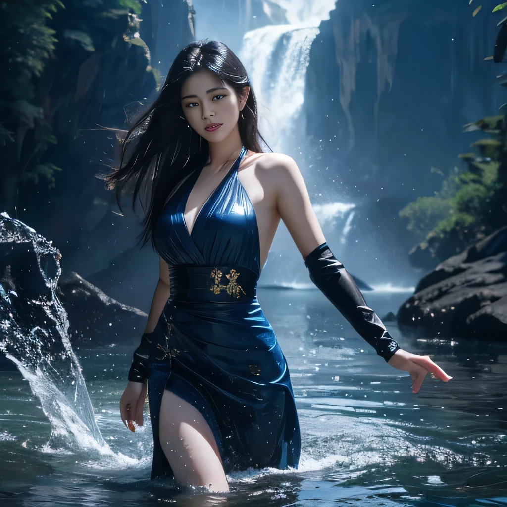 (Extremely detailed CG Unity 8K wallpaper,masterpiece, best quality, Super detailed),(incredible lighting, Dynamic camera angles),Water sword, blue water splash,stream, flowing water, Beautiful girl with long black hair, Elegant martial arts dress,watercolor, 70s retro filter.