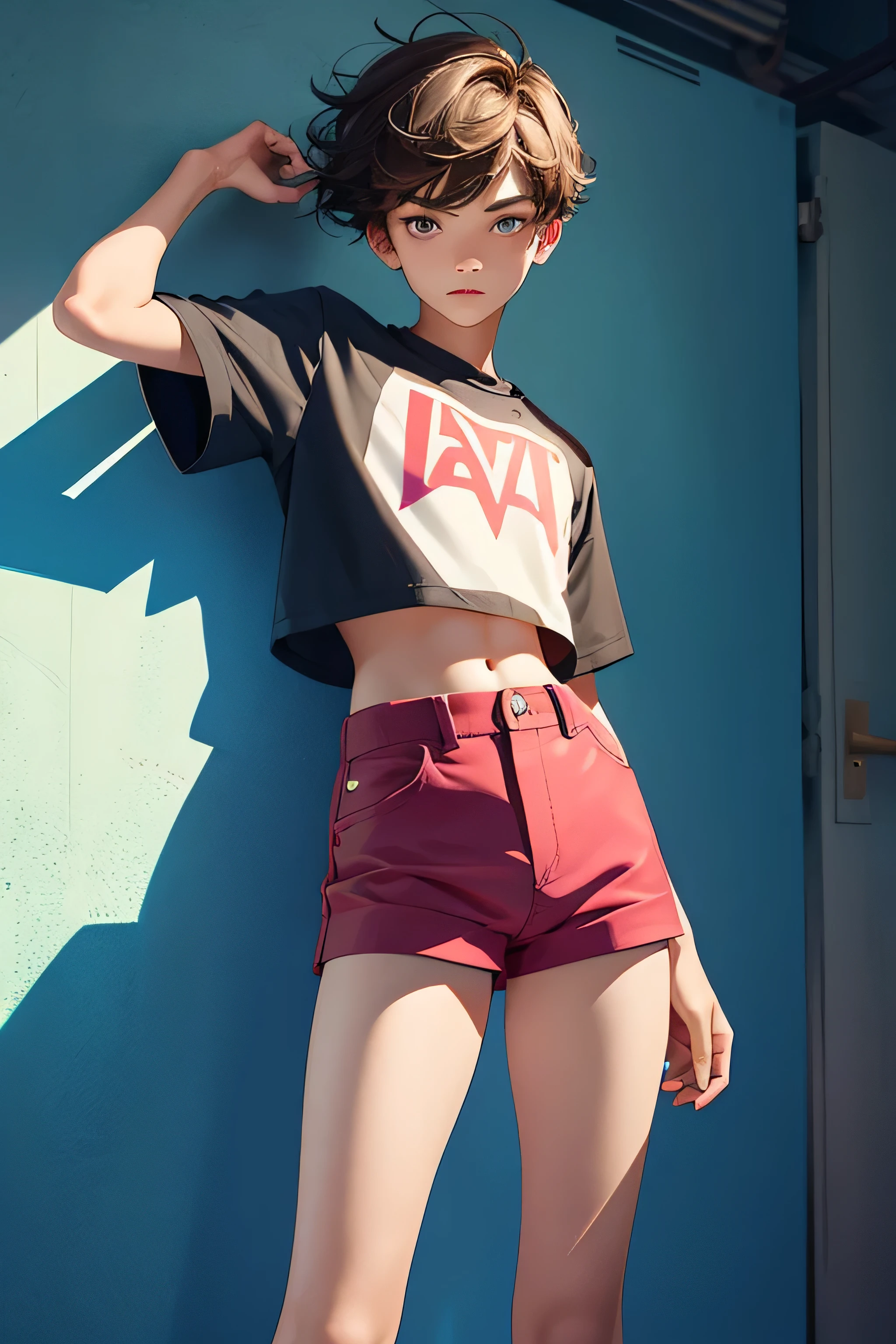 boy-model 14 yy wears a crop shirt and too very short mini shorts, beautiful long legs, hot summer, highest quality,