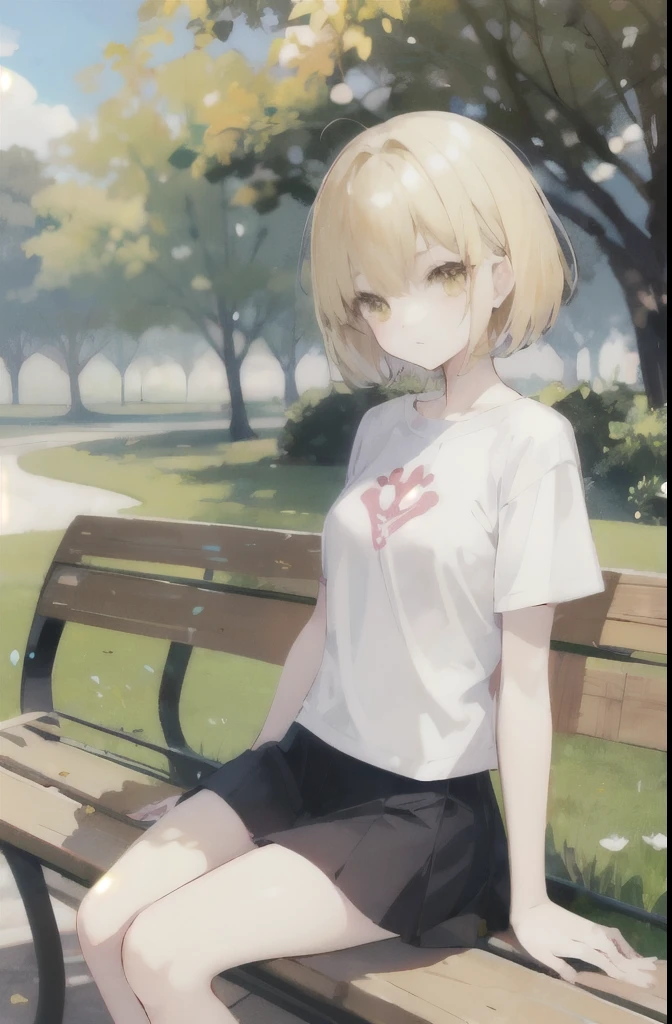 Blond hair, yellow eyes, short hair, girl, innocent, park, sit