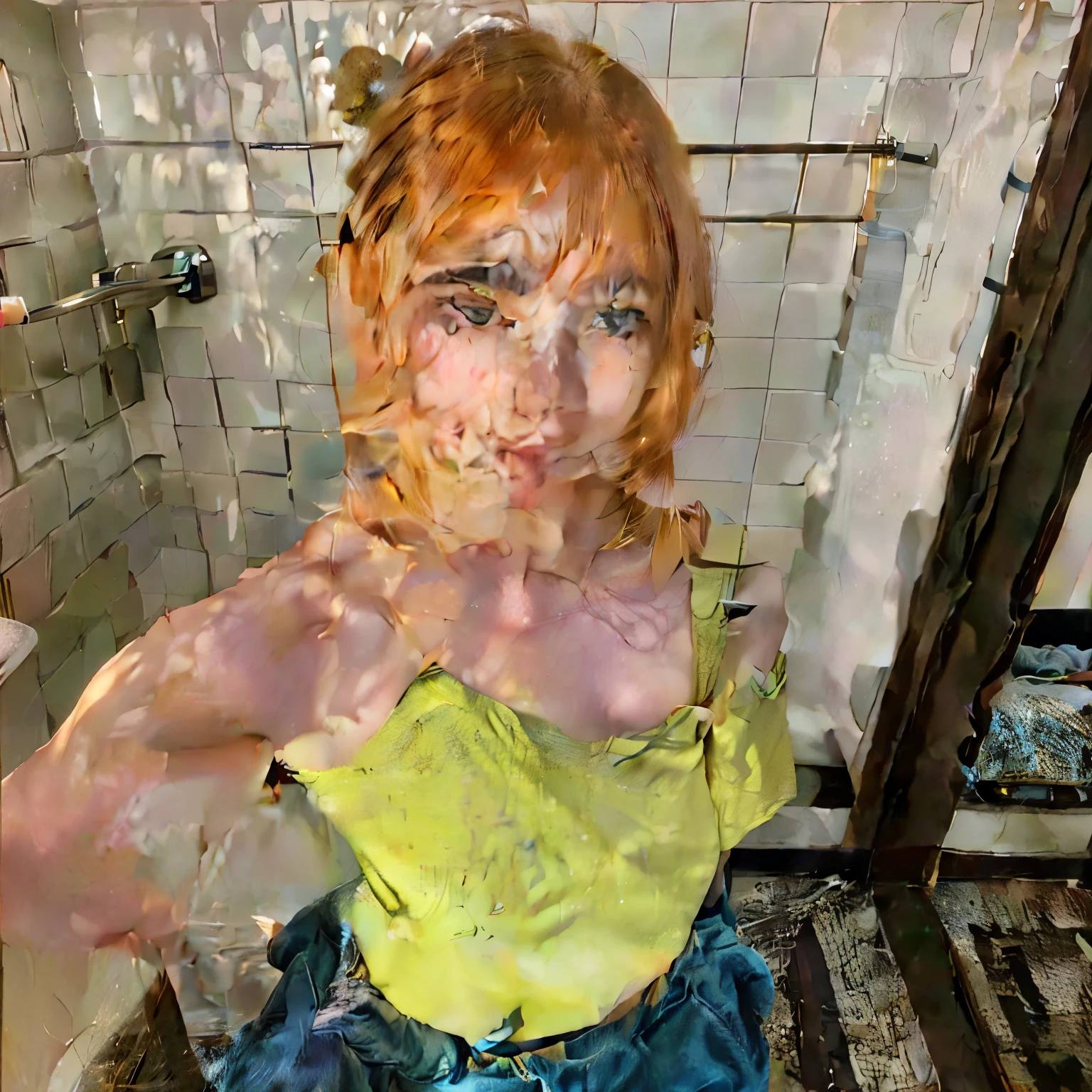Red-haired woman with blue eyes and a yellow top in a bathroom., retrato de yungelita, asian russian traits, she parece una mezcla de mugre, Con flequillo, pale, shiny skin, with pale skin, pale and light skin!!, amoranto joven y hermoso, soft and pale skin, Brown hair, mejor conocido como amouranto. Influenfer Yungelita. Suavidad