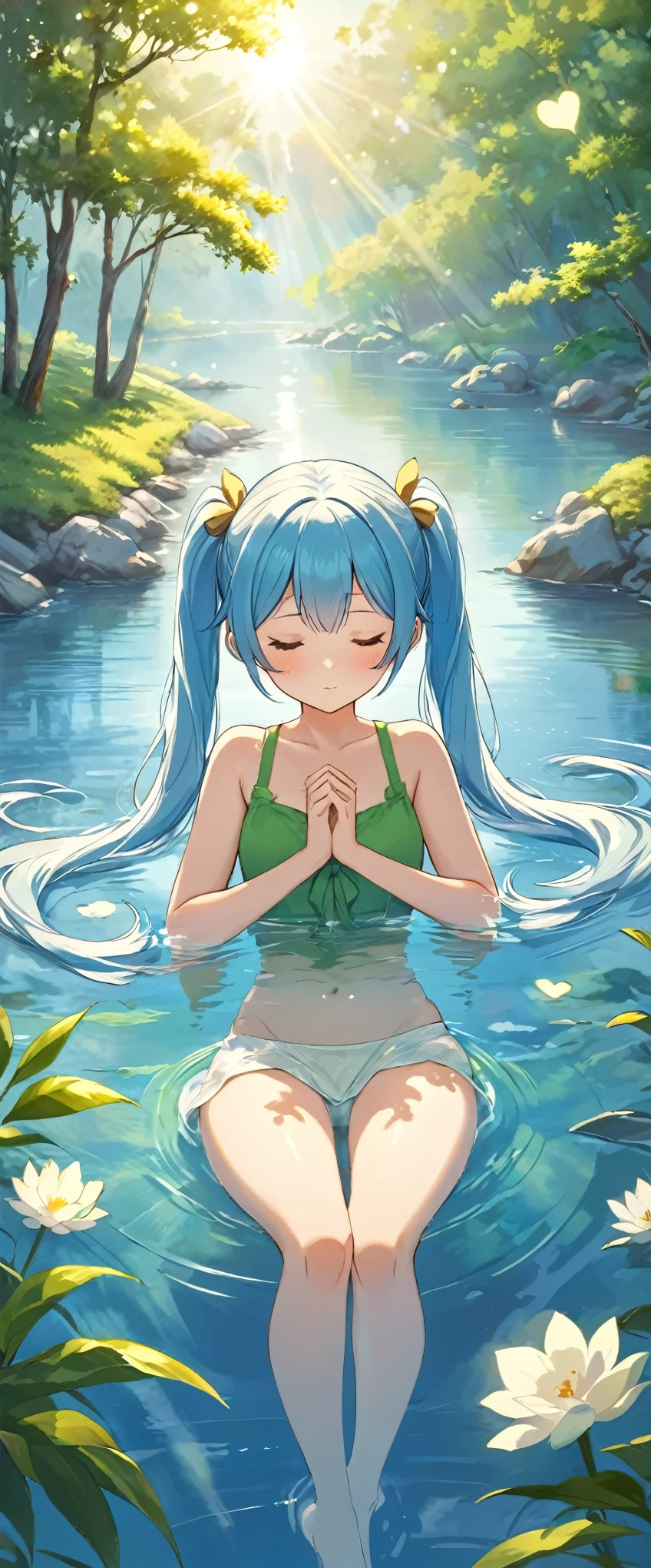 ((masterpiece, best quality)), highly detailed, cinematic angle, from side, turning to look at viewer, 1girl, naked, flat chest, (hair_censor), wavy hair, double buns, teal hair, (long hair between eyes), head tilt, flower crown, yellow eyes, narrowed eyes, heavy blush, sitting, crossed legs, pastel, large rock, pond, flowers, waterfall