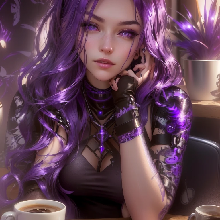 a close up of a woman with purple hair sitting at a table, mysterious coffee shop girl, realistic art style, with long hair and piercing eyes, detailed beautiful portrait, realistic artstyle, violet long hair, 🤤 girl portrait, great digital art with details, dark purple hair and cybernetics, seductive cyberpunk dark fantasy, 8k high quality detailed art