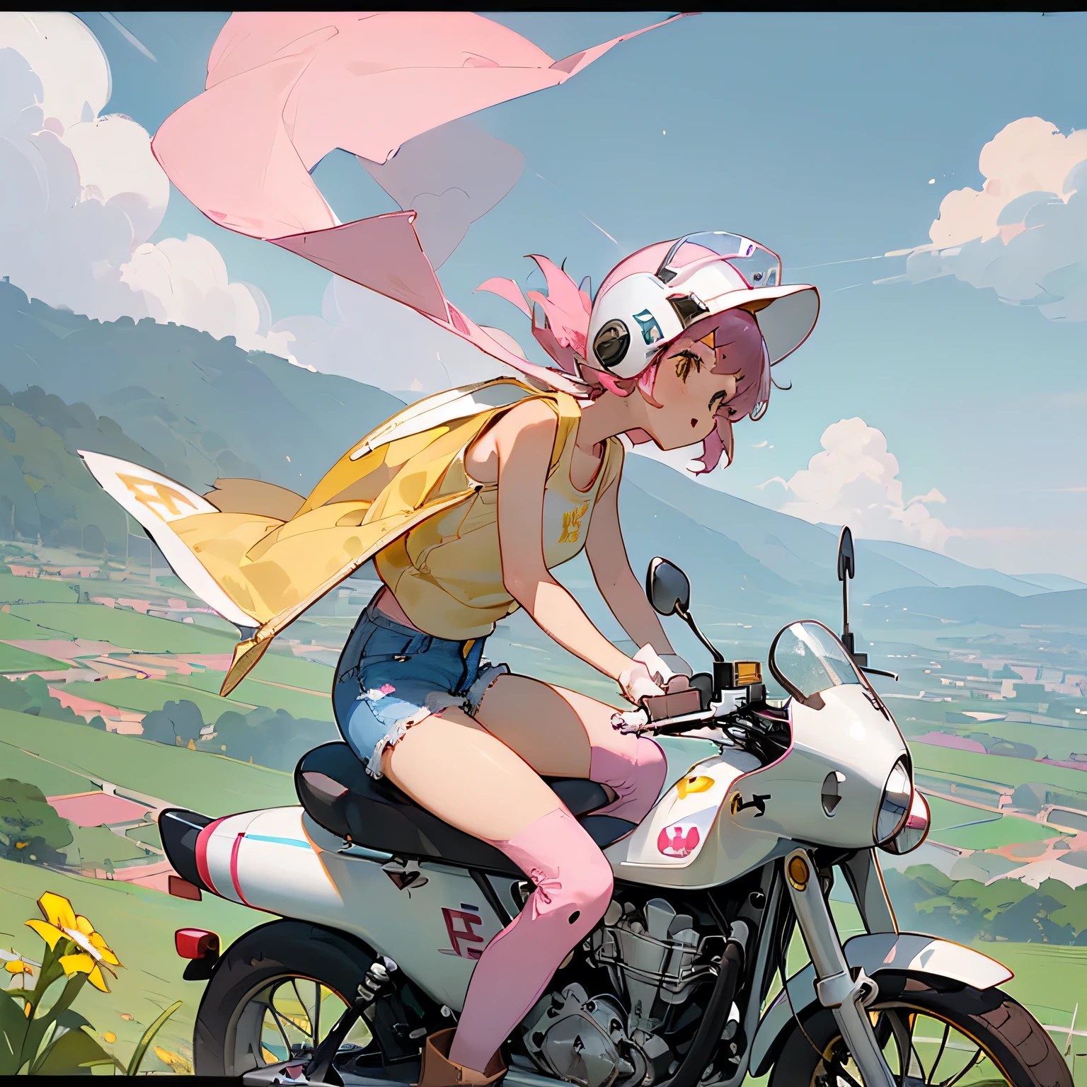 Highest quality、((A girl is riding a pink Super Cub:1.35))、Dark brown short cut、(Wearing a white jet helmet、White tank top、Yellow Jacket、Denim shorts、White knee-high socks、Brown work boots:1.3)、Japanese countryside scenery、Winding Road、Weeds grow along the side of the road、Blue sky、White clouds floating、Early summer sky、