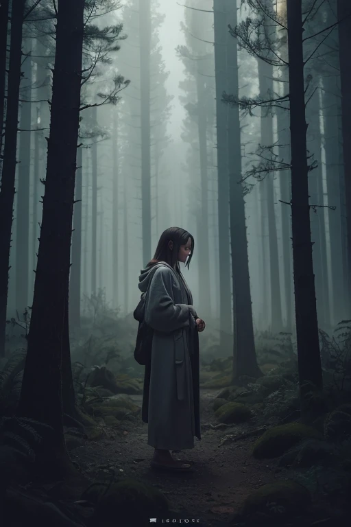 Beautiful girl in a gray robe standing in a dark forest, Magnificent style, Octane Rendering, Desert Composition, Beautiful Face, Surreal, Oil on canvas, Award-winning, masterpiece, Trending on Art Station, Studio Ghibli