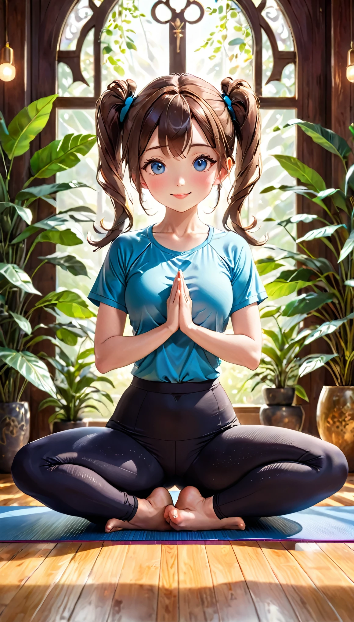 8k、masterpiece, highest quality, Ultra-high resolution, Highest Resolution, Professional Lighting, Orange lighting、Backlight、Antique wooden interior、Foliage plant、Large indoor、Full body angle shot、Dim lighting、Raise your hands above your head in prayer、Sitting cross-legged、Yoga poses、woman, Small face、White skin、Light blue long hair、Adorable smile、Beautiful Eyes、Beautiful eyelashes、Beautiful Eyes、highlight:1.2)、Beautiful legs、 (Detailed face and iace:1 2)、(Twin tails ) 、(Oval Face : 1.4)、(Realistic skin texture, Realistic))、((Detailed face,Round face contour、Brown Hair、Yoga Wear 、tops、 Yoga pants 、ヨガleggings、 Gym 、Pilates Wear 、Yoga Wear 、Fashionable、 Short sleeve、 Hot Yoga 、leggings、Striking a rhythmic gymnastics pose on a yoga mat、Lift one leg up、Violent Movement、Hunchbacked, low posture、On all fours、Raise one leg、Take a low posture、Sports Yoga、Yoga poses、Dynamic action poses