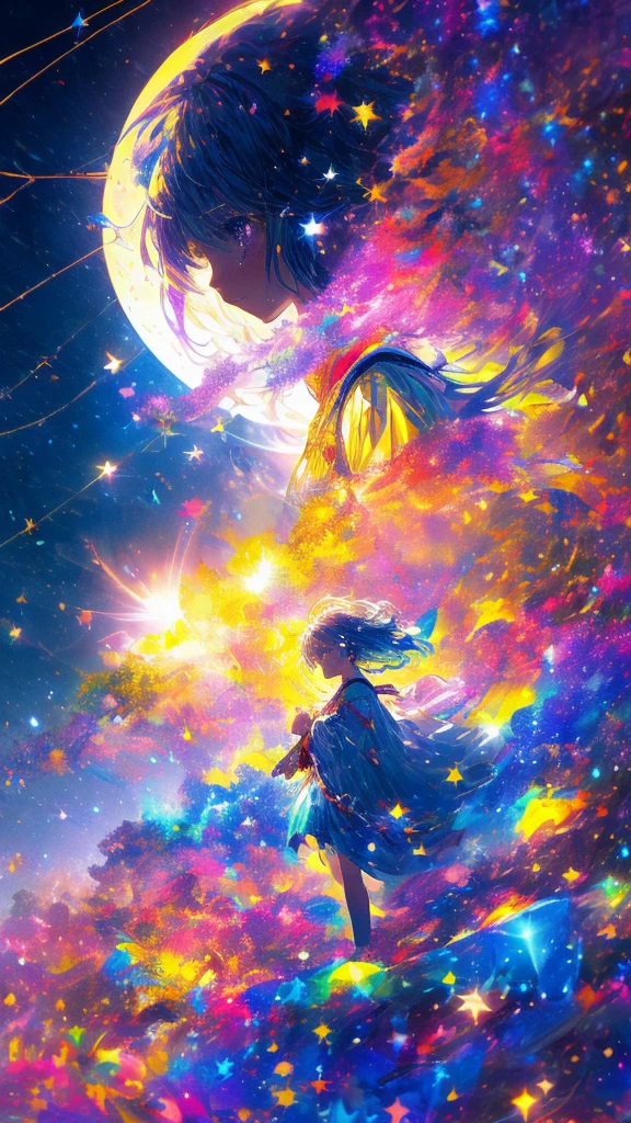 ((Supergiant pale yellow moon))((A girl who looks up at her profile and is subjectively depicted))、((Crying girl))、Profile Girls、On a multicolored background、River painting with stars and moon in rainbow sky、Shining skyscrapers、Shine across the board、Concept art inspired by Mitsuoki Tosa、pixiv contest winners、top-quality、Fantasyart、beautiful anime scene、Bright moon、Moonlit star environment、Dream painting、Anime Background Art、Fantasy landscape art、fantasy knight、anime background artwork、Fantastic art、atmospheric anime、starrysky、Detail has been enhanced。