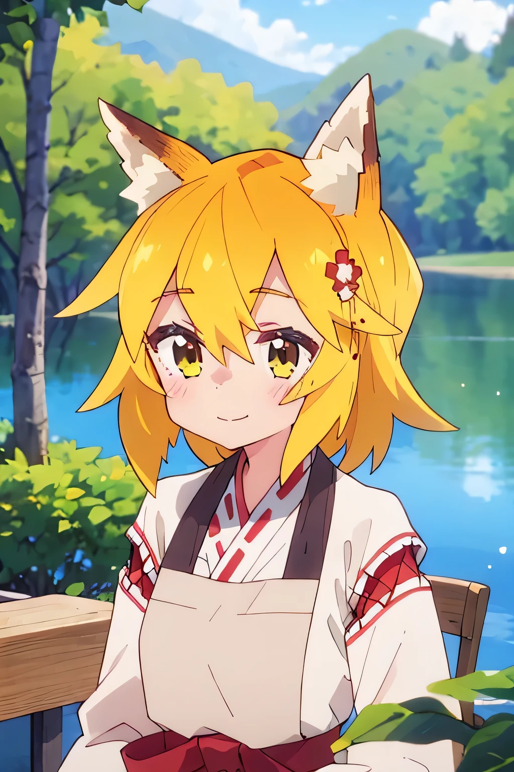 A girl with yellow hair and a smile with fox ears surrounded by a forest and behind her a lake