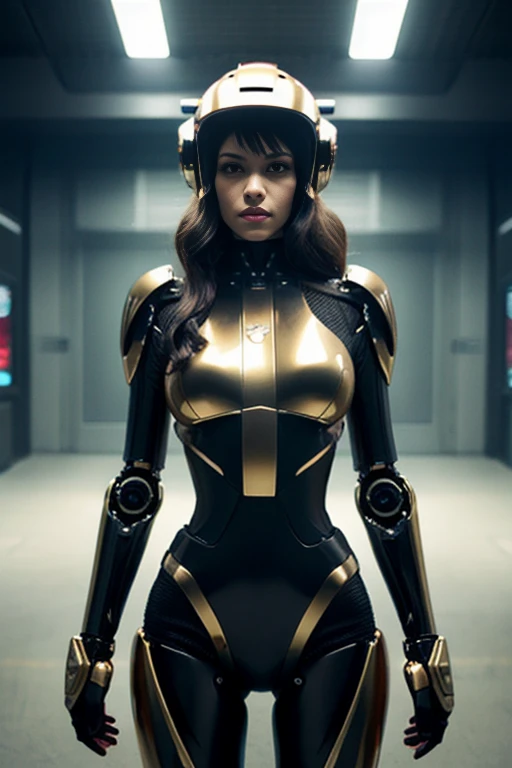 female figure armed in a black sci-fi suit, with a shiny black cyberpunk-style helmet with robotic features, The reflection on his face is made of shiny gold wires with intricate details, (Artstation:1.1), (intricate:1.1), ( gran detalle de los ojos: 0,7), solo, mujer, mirando al espectador, fotorrealista, 8k, motor irreal, inspirado en HR Giger, retrato de medio cuerpo, muy detalla