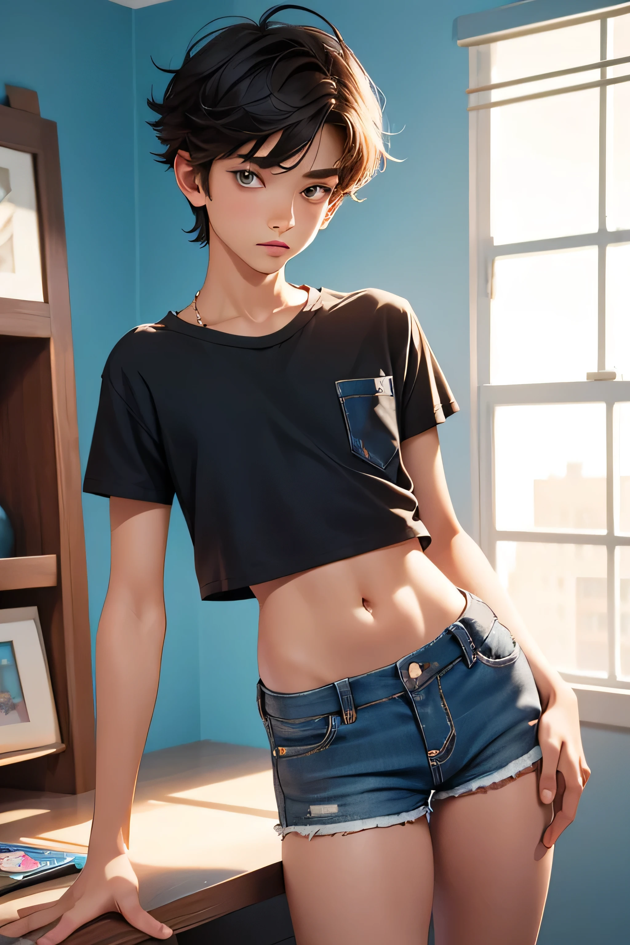 **** boy-model ************, boy wears a crop shirt and too very short mini shorts, beautiful long legs, hot summer, highest quality,