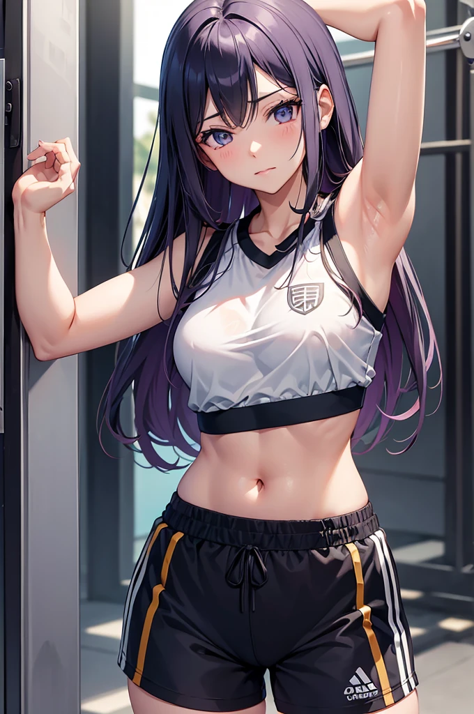 Generate a high-quality, 8k image of Hinata Hyuga from Naruto Shippuden, showcasing her in a modern gym outfit. Hinata should be depicted wearing gym shorts and a knotted shirt, similar to the outfit described for Sakura Haruno.

Hinata's appearance should highlight her unique features, including her striking lavender-colored hair, which falls in gentle waves around her face. Her eyes should be a captivating shade of pale lavender, highly detailed and mesmerizing in their depiction. Hinata's overall demeanor should reflect her gentle and determined personality, even in the context of a gym setting.

The gym shorts should be styled to flatter Hinata's figure while providing ample freedom of movement for her training sessions. Pair them with a knotted shirt, cropped to showcase a hint of Hinata's toned midriff, and crafted from breathable, moisture-wicking fabric suitable for intense workouts.

Consider incorporating subtle nods to Hinata's ninja heritage into the gym outfit, such as a small emblem or motif inspired by the Hyuga clan. Additionally, ensure that the outfit reflects Hinata's understated yet elegant style, complementing her calm and focused demeanor.

The image should capture Hinata in a serene yet determined gym pose, showcasing her dedication to her training regimen. Every detail of her gym attire and graceful posture should be meticulously rendered, resulting in a highly detailed and realistic portrayal. The final image should be of the highest quality, delivering the best image possible of Hinata Hyuga in her modern gym outfit.