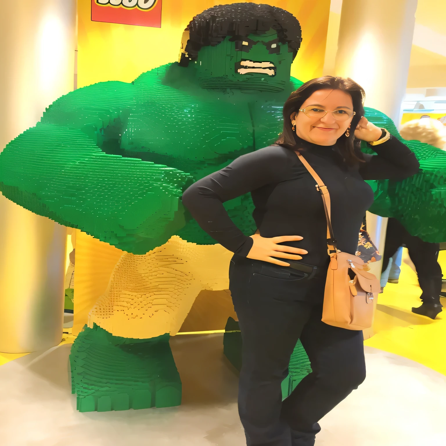 araffe posing in front of a lego hulk statue, lego, hulk, she hulk, she - hulk, hulking, lego character, in a menacing pose, hulkish, in barcelona, caroline gariba, having a great time, made out of legos, inspired by Károly Brocky, by Viktor Oliva