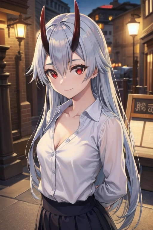 tomoe gozen, 1person, red eyes, cute smile, hair between eyes, silver hair, very long hair, oni horns, looking at viewer, open blouse, small cleavage, skirt, (best quality,4k,8k,highres,masterpiece:1.2),ultra-detailed,(realistic,photorealistic,photo-realistic:1.37),torino style,vivid colors,professional,HDR,UHD,studio lighting,ultra-fine painting,sharp focus,physically-based rendering,extreme detail description