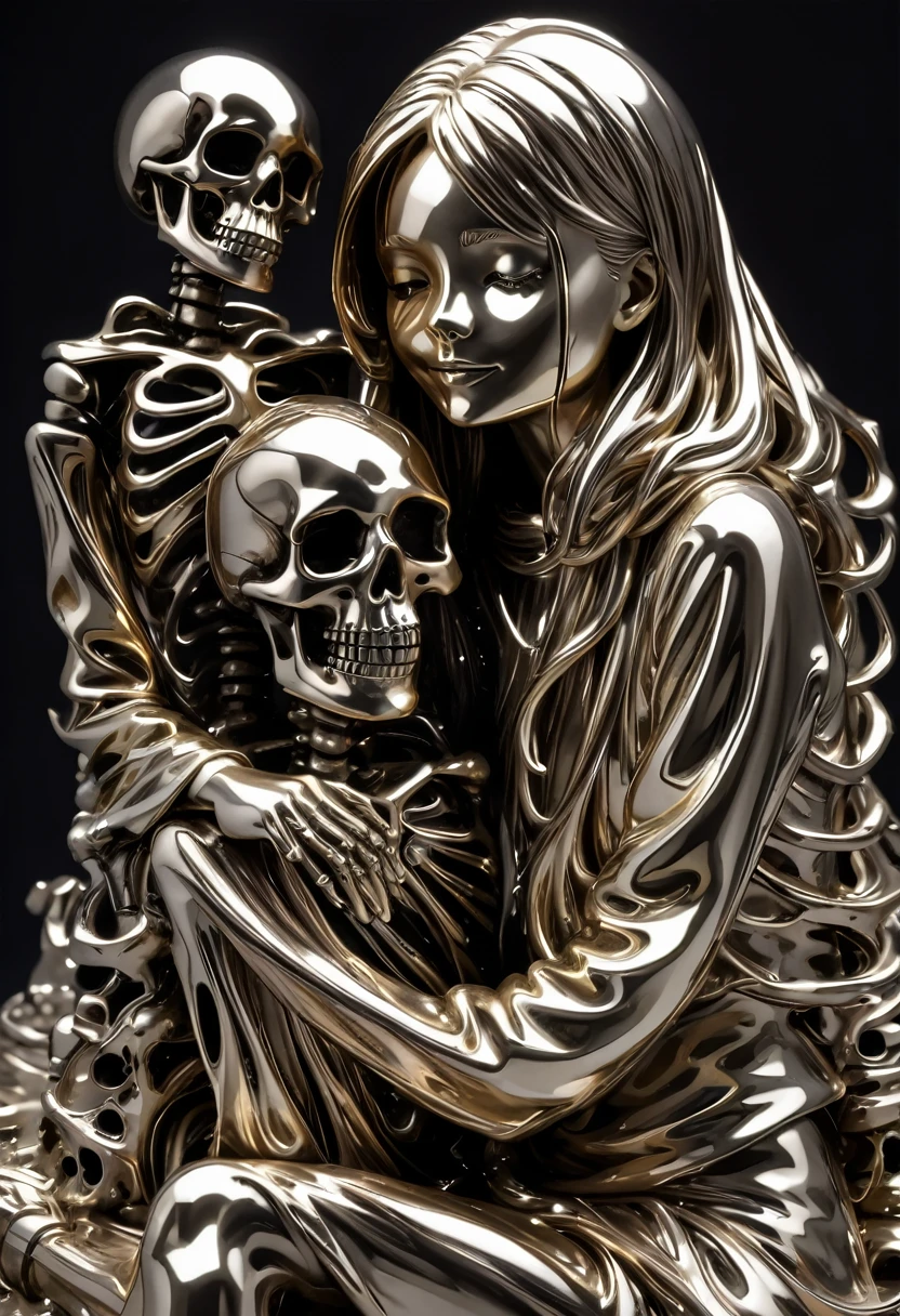 Liquid Metal sculpture, a girl hugging a skeleton