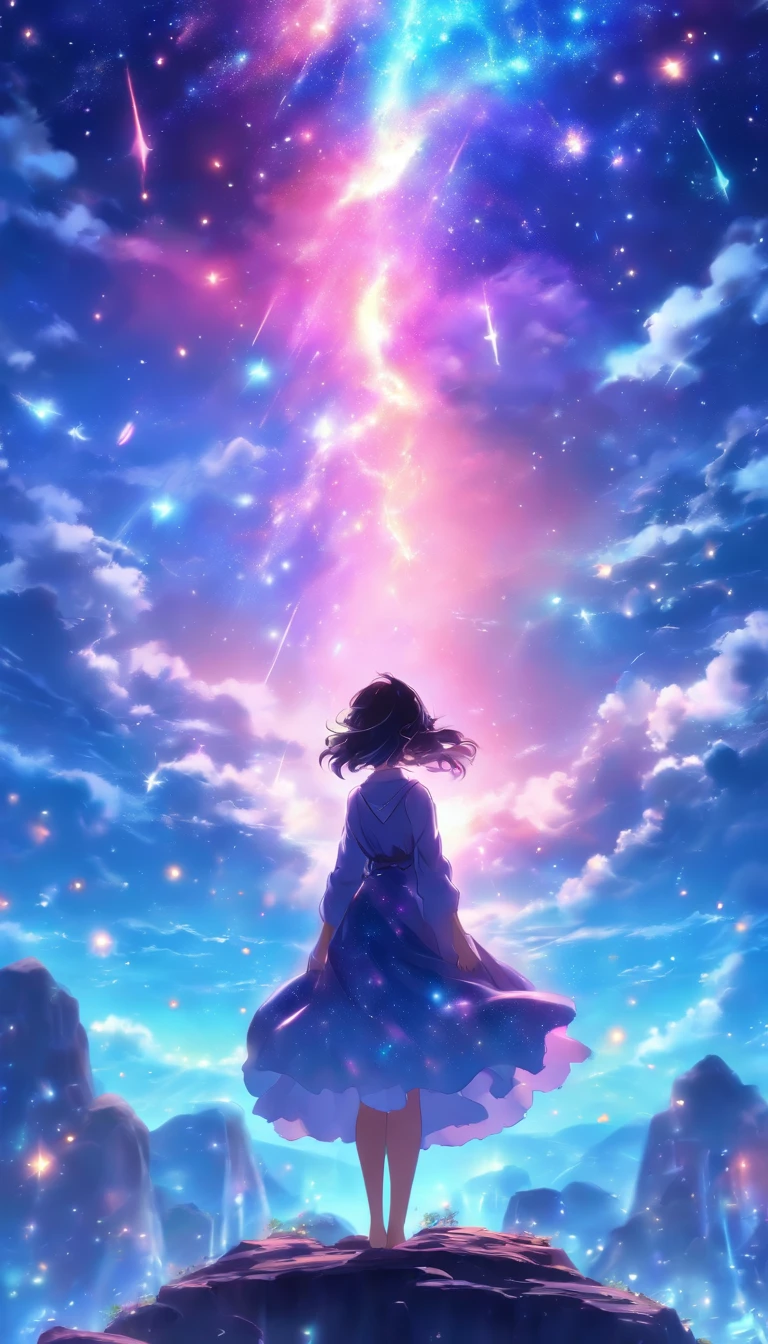 anime girl with a beautiful dress standing on a rock looking at a star filled sky, makoto shinkai cyril rolando, anime art wallpaper 4k, anime art wallpaper 4 k, anime art wallpaper 8 k, cosmic skies. by makoto shinkai, inspired by Cyril Rolando, in the style dan mumford artwork, amazing wallpaper, by Yuumei