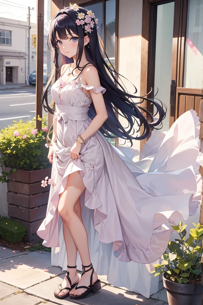 Generate a detailed, high-quality, 8k image of Hinata Hyuga from Naruto Shippuden, showcasing her full appearance and attire. Hinata should be depicted with her distinctive features and a fashionable, girly outfit suitable for contemporary settings.
Start by emphasizing Hinata's soft lavender hair, styled in loose waves that frame her face delicately. Her eyes should be a captivating shade of pale lavender, expressing her gentle yet determined spirit with intricate detail. Hinata's complexion should be fair, with a subtle flush of pink on her cheeks adding to her overall charm.
For her attire, envision a fashionable yet girly ensemble that complements Hinata's personality and style. Consider a pastel-colored sundress with a floral pattern, accentuating her femininity and grace. The dress should feature a sweetheart neckline and delicate spaghetti straps, adding a touch of elegance to the outfit.
Pair the sundress with stylish accessories, such as a dainty necklace with a pendant or a stack of delicate bracelets adorning her wrist. Choose footwear that combines fashion and comfort, such as strappy sandals or ballet flats in a complementary hue to the dress.
To complete the look, style Hinata's hair with a floral hair accessory, like a small blossom tucked behind her ear or a decorative hairpin adorning her hairstyle. Enhance her natural beauty with subtle makeup, focusing on rosy cheeks, soft pink lips, and a hint of mascara to accentuate her eyes.
Capture Hinata in a relaxed yet confident pose, radiating warmth and grace in her fashionable attire. Pay meticulous attention to detail in rendering her outfit and features, ensuring a highly realistic portrayal. Deliver a final image of the highest quality, showcasing Hinata Hyuga in her modern, girly ensemble.