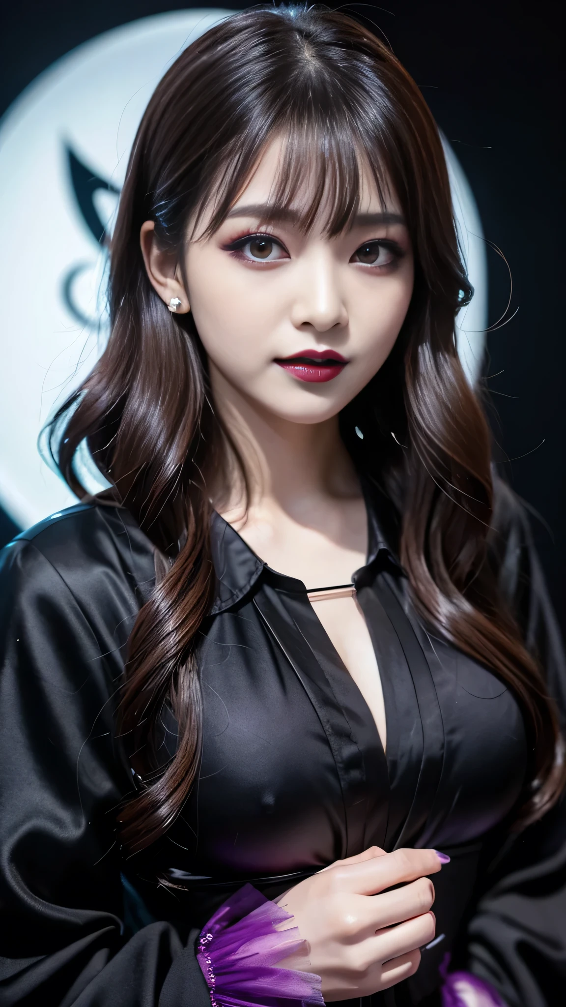 best quality、ultra-detailed、4k、Japanese、Seductive beauty、seductive adult woman、Pretty Woman、cool girl、Villainess、Brainwashed、brainwash、Fallen into evil、smirk、Evil look、Wicked Smile、evil、Brown hair、wavy hair、swept bangs、dark makeup、dark makeup、piercing eyes、hollow eyes,half-closed eyes、Hollow Eyes、purple Eyeshadow、black lipstick、black lipglos、night、inside darkroom、Are standing、shoot from below、Have lipstick、spider pantyhose、Emblem of Evil、Crest of Darkness、Swear allegiance、I have pledged my allegiance、Dye black、Blackening、Stained with evil、Dyed in darkness、Seduce