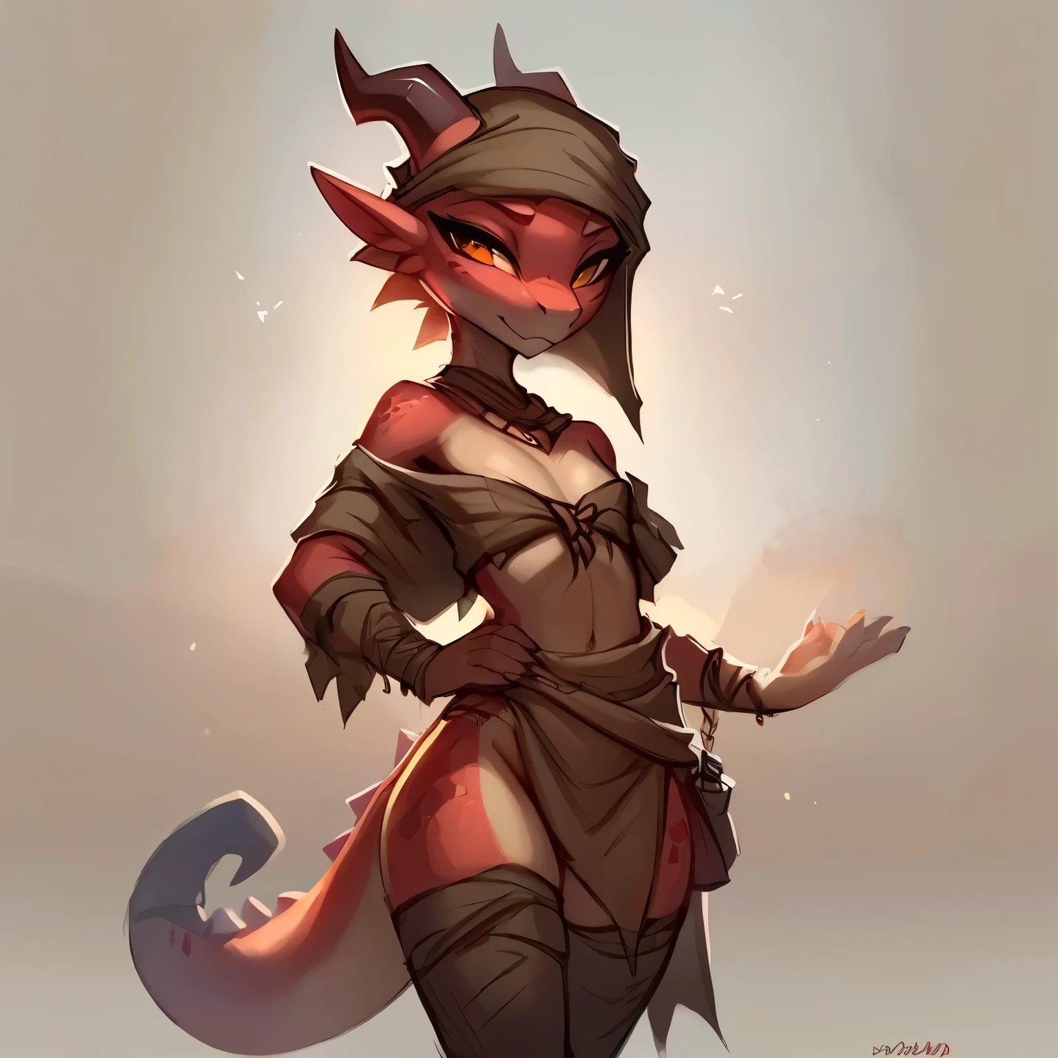 ((white background, simple background)), original, kobold, girl, female, cute, soft, gentle, ((flat chest)), thights, slim, full body, standing, fragile, horns, mishief, curvy, lizard tail, ((dark scales)), Masterpiece, (by waspsalad:1.1), by photonoko, by sallyhot, by skygracer:0.4, solo, (anthro,girl kobold,(chibi:0.3), tail, middle eastern mythology, ((minimalistic clothing)), tribal, ((rags)), 