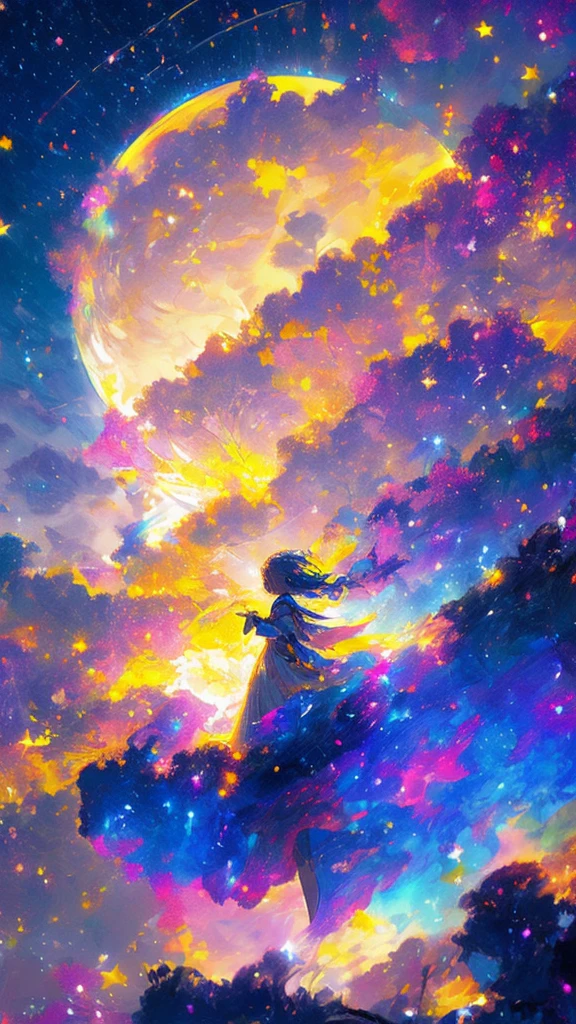 ((Supergiant pale yellow moon))((A girl who looks up at her profile and is subjectively depicted))、((Crying girl))、Profile Girls、On a multicolored background、River painting with stars and moon in rainbow sky、Shining skyscrapers、Shine across the board、Concept art inspired by Mitsuoki Tosa、pixiv contest winners、top-quality、Fantasyart、beautiful anime scene、Bright moon、Moonlit star environment、Dream painting、Anime Background Art、Fantasy landscape art、fantasy knight、anime background artwork、Fantastic art、atmospheric anime、starrysky、Detail has been enhanced。