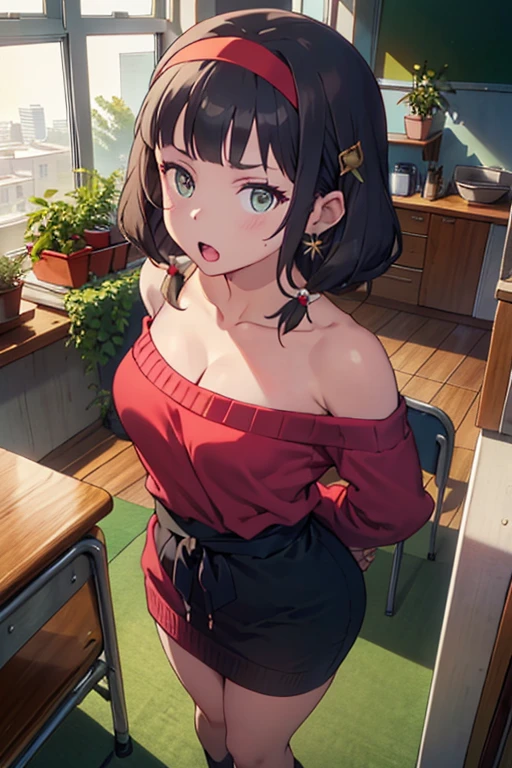 (from above:1.0),(from side:0.9),masterpiece, 1girl, Amazing Cleavage:1.1, thin waist, big ass, Raised sexy, small breast: 1.3, posed cleavage:1.2、solo, looking at viewer, open mouth, have a cute grass of cute beergrass,black hair, dark green eyes, dress, bare shoulders, jewelry, collarbone, sidelocks, hairband, earrings, indoors, off shoulder, :o, sweater, arms behind back, plant, short hair with long locks, gild hairband, off-shoulder dress, sweater dress, off-shoulder sweater, red sweater, dark gord hair, big side hair, very long side hair,is rendered in (masterpiece: 1.2, best quality), with (ultra high resolution) and an exquisite (depth of field). This masterpiece is not only visually stunning but also tells,A scene of cooking in the kitchen by classroom 