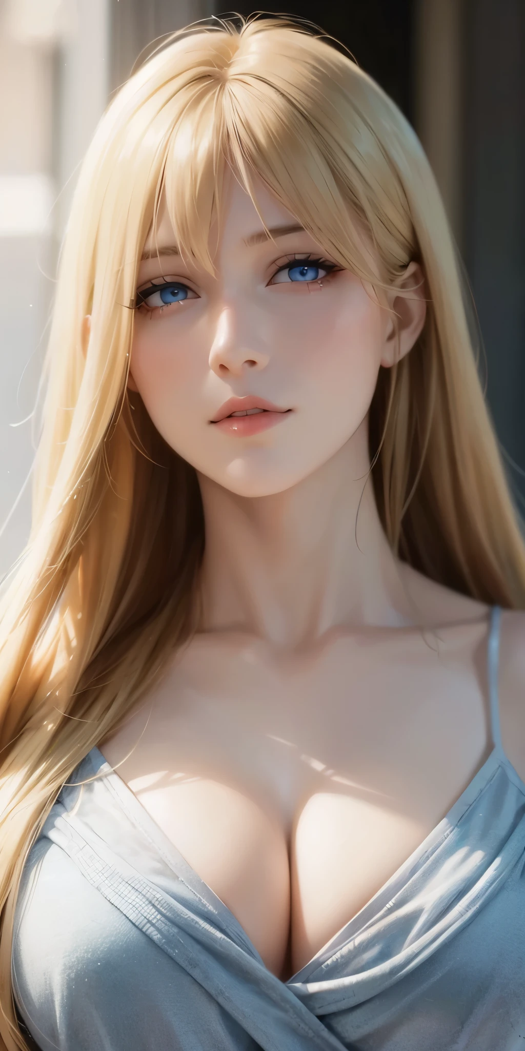Portait, Upper body, elegant mature woman, long neck, long blonde hair, bangs, blue eyes, casual clothes, cleavage, soft light, 4k resolution, high quality, looking at viewer