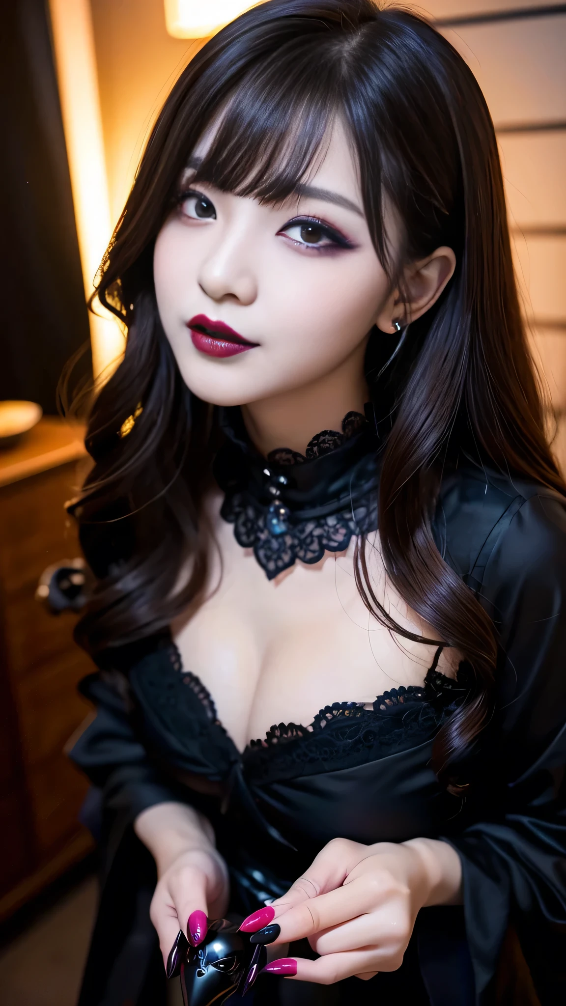 best quality、ultra-detailed、4k、Japanese、Seductive beauty、seductive adult woman、Pretty Woman、cool girl、Villainess、Brainwashed、brainwash、Fallen into evil、smirk、Evil look、Wicked Smile、evil、Brown hair、wavy hair、swept bangs、dark makeup、dark makeup、piercing eyes、hollow eyes,half-closed eyes、Hollow Eyes、purple Eyeshadow、black lipstick、black lipglos、night、inside darkroom、Are standing、shoot from below、Have lipstick、spider pantyhose、Emblem of Evil、Crest of Darkness、Swear allegiance、I have pledged my allegiance、Dye black、Blackening、Stained with evil、Dyed in darkness、Seduce