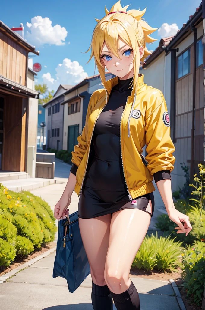 [1girl, Naruto Uzumaki as a girl, female Naruto Uzumaki, gender-swapped Naruto, Naruko, Naruto as a female, gender swap, female Naruto Uzumaki (anime: Naruto), female/girl/woman, beautiful blond hair, blond hair, blue eyes, beautiful blue eyes, detailed blue eyes, perfect eyes, nice figure, great body, good feminine figure, great curves, describe modern clothes she could wear, fashionable modern outfit]

Picture quality: high quality, 8k, perfect image, best image, highly detailed, detailed, beautiful