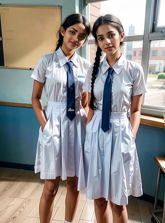 Raw photo , 2 girls ,Wearing white frock and color tie, white shoes,frock with pockets,(putting hands in pockets posing)  ((teen school girls chatting in the classroom)), with plait, professional photographer, (hdr:1.4), masterpiece, ultra-realistic 8k, perfect artwork, intrincate details,chest pockets is full, cute face, award winning photograph, (Best quality, 8k, 32k, Masterpiece, UHD:1.3) ,